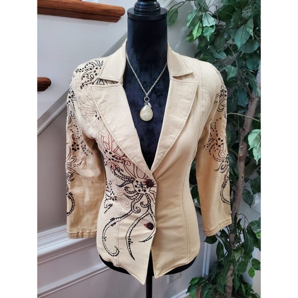 VTG Vanity Petite Tan Cotton Long Sleeve Single Breasted Buttons Front Blazer PP - Picture 12 of 12